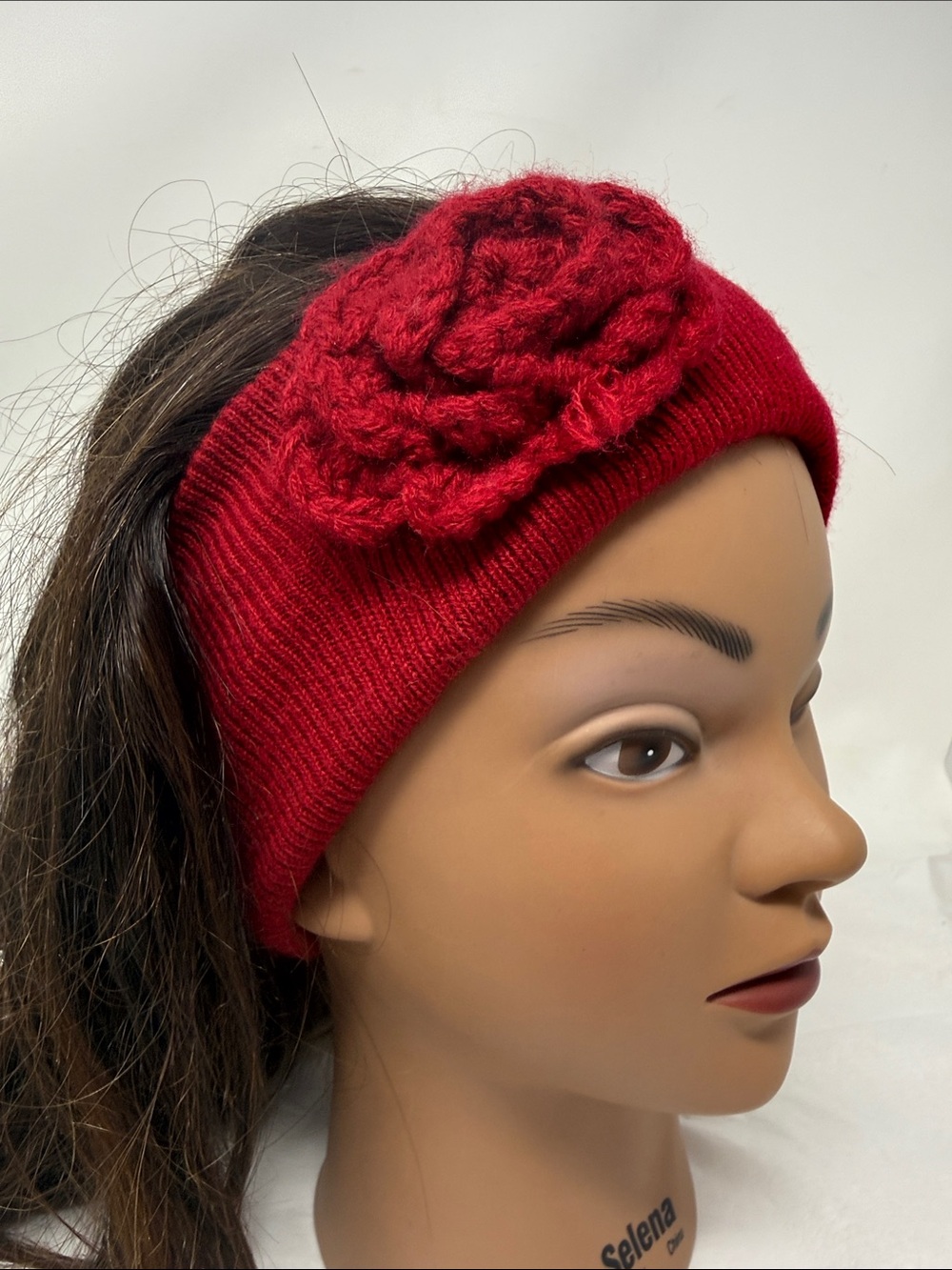Set of 2 Red Knit Floral Headbands Ear Warmers Rosette Winter Hair Accessories